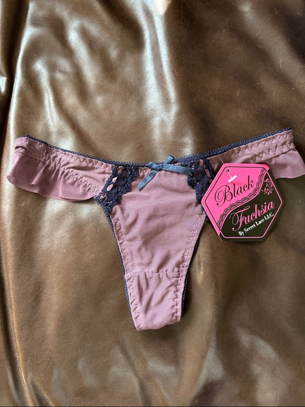 NWT Vintage Black Fuchsia Purple With Lace Thong Panties Underwear